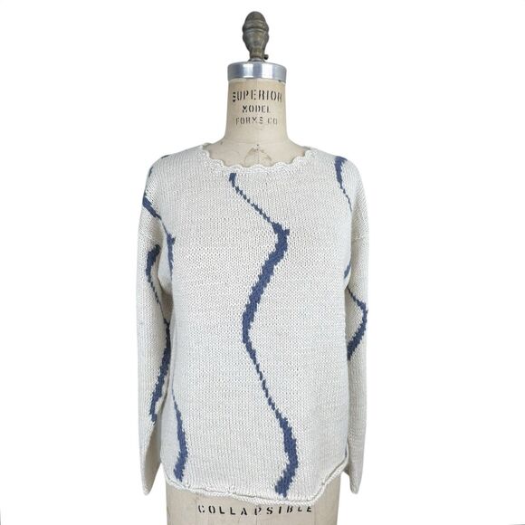 Womens 100% Alpaca Hand Knit Sweater M Ivory & Blue Soft The Sweater Venture